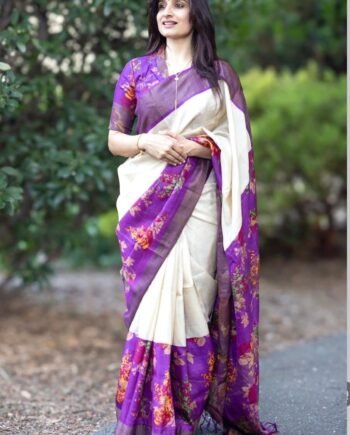 Elegant Linen Saree with Gold Jari 5×5 Border & Digital Print