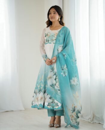 Premium Organza Silk Anarkali with Dupatta & Pant