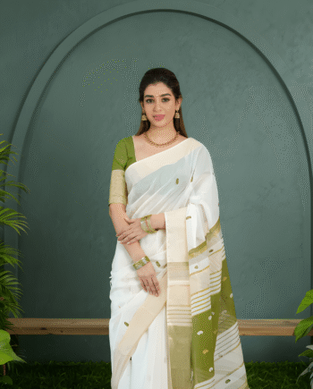 Linen Saree with Gold Jari 5×5 Border & Digital Print
