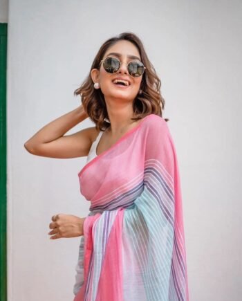 Plain Linen Saree with Digital Print & Latkan